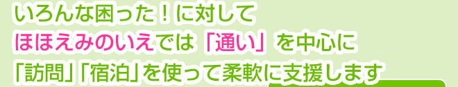 いろんな困った!に対して、ほほえみのいえでは「通い」を中心に「訪問」「宿泊」を使って柔軟に支援します